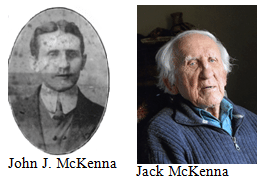 Side-by-side composite: a sepia oval portrait of John J. McKenna as a young man, beside a modern colour photograph of his son Jack McKenna in old age.