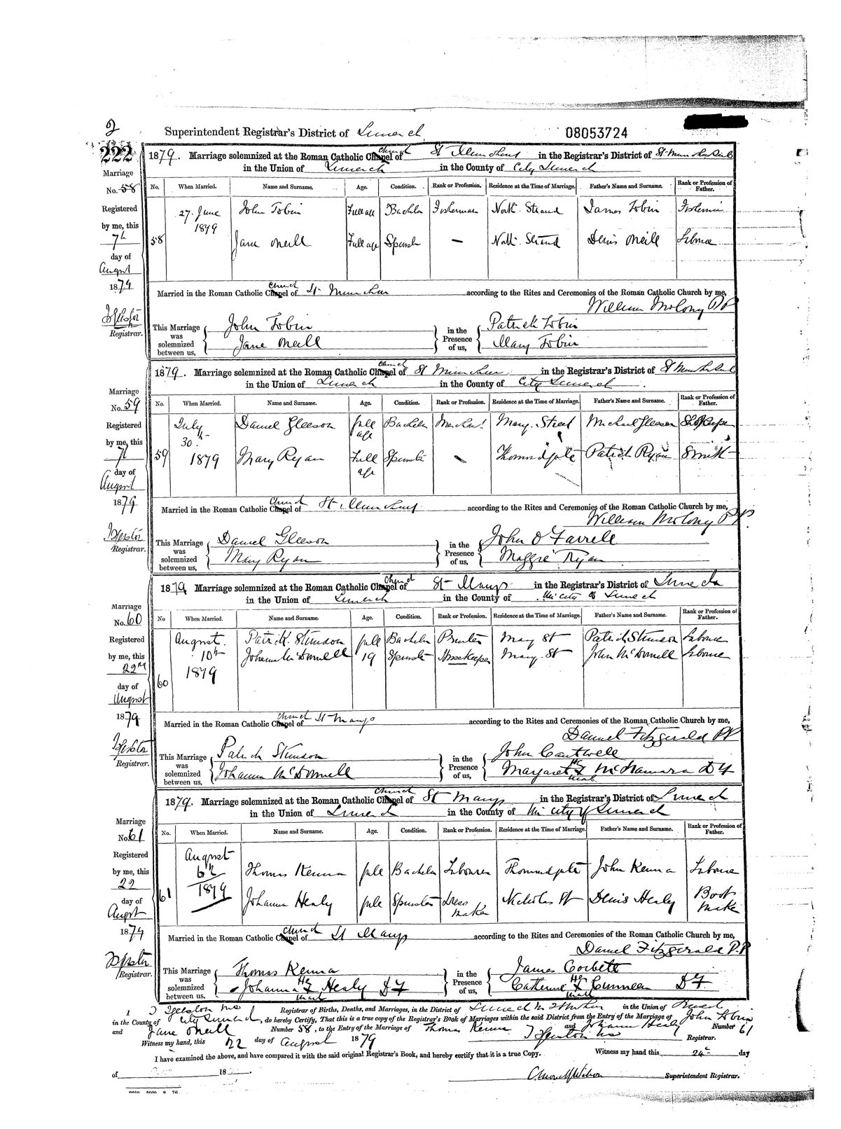 Civil-registration marriage register page 222, Limerick Superintendent Registrar's District, showing four marriage entries from August 1879 including entry No. 61: Thomas Kenna, a Limerick-city labourer, and Johanna Healy, a dressmaker of Nicholas Street, 6 August 1879, St Mary's RC Church, witnesses James Corbett and Catherine Cunneen.